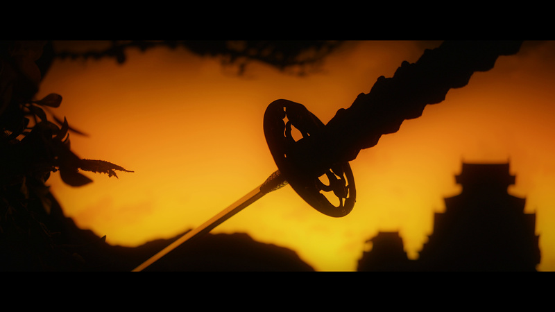 Katana guard and blade in silhouette against an amber sky, a frame from the launch film